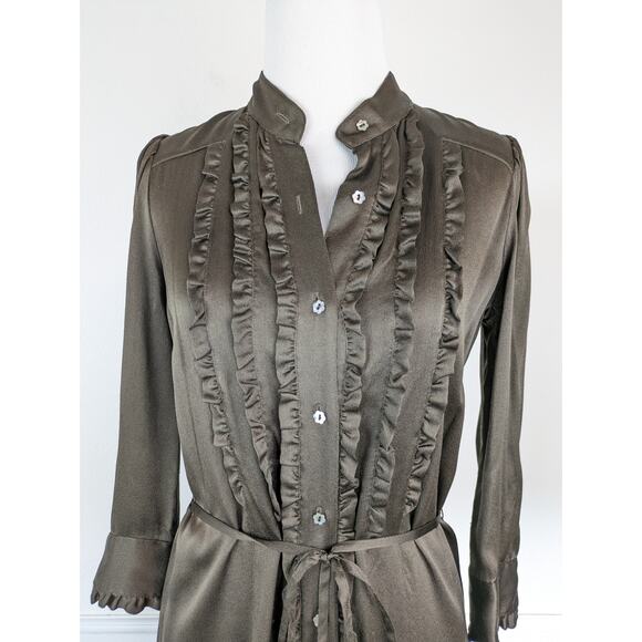 French Connection Shirt Dress Silk Ruffle Floral Button Victorian Brown Size 2 - Picture 2 of 11